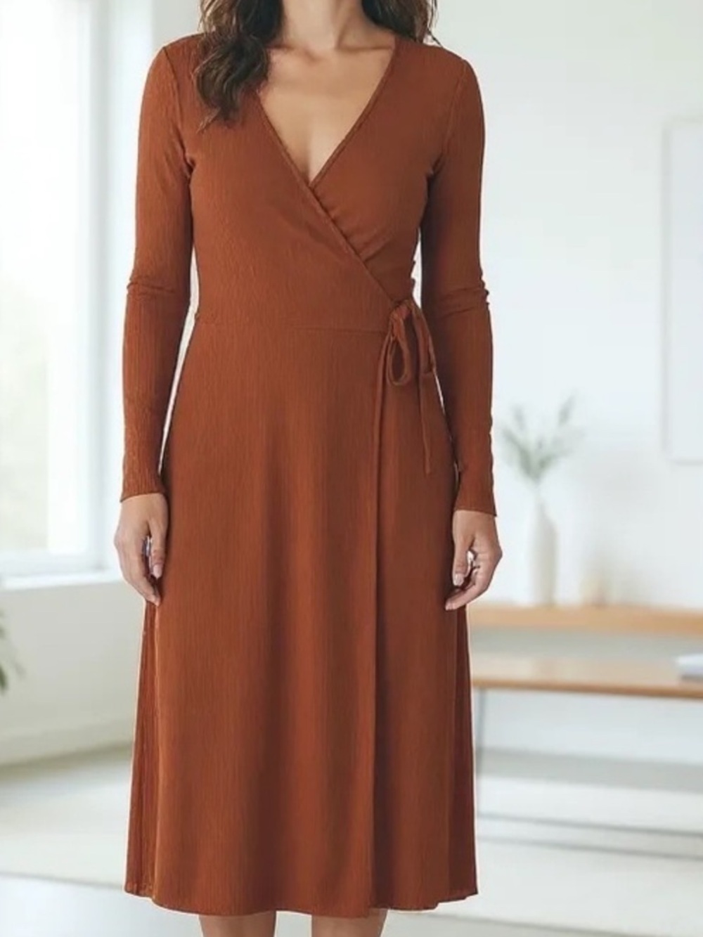 Old Navy Burnt Orange Ribbed Knit True Wrap Dress Sz Lg